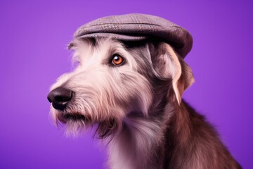 Medium shot portrait photography of a funny irish wolfhound dog wearing a beret against a vibrant purple background. With generative AI technology