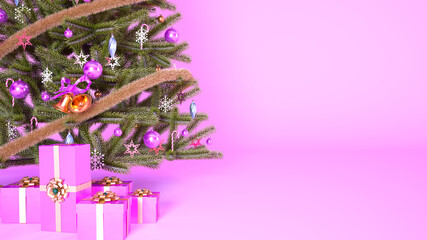 Christmas pink background with christmas tree, pink gift boxes and copy space, 3d render