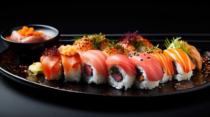 Japanese sushi rolls set on black plate on dark table, generative ai