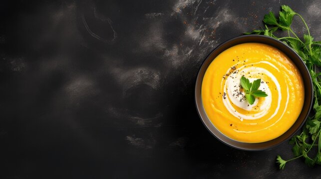 Bowl of squash soup with cream on a black stone table, top view angle generative ai