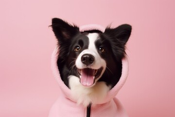 Lifestyle portrait photography of a happy border collie wearing a teddy bear costume against a pastel pink background. With generative AI technology