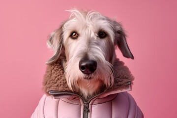 Photography in the style of pensive portraiture of a happy irish wolfhound dog wearing a cooling vest against a pastel pink background. With generative AI technology