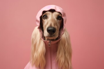 Close-up portrait photography of a bored afghan hound dog wearing a raincoat against a pastel pink background. With generative AI technology