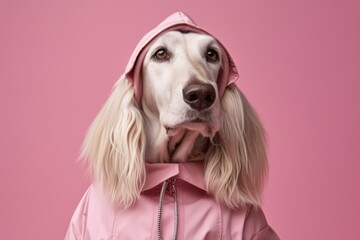 Close-up portrait photography of a bored afghan hound dog wearing a raincoat against a pastel pink background. With generative AI technology