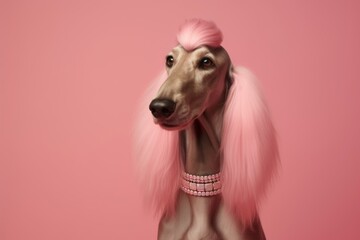 Medium shot portrait photography of a funny afghan hound dog wearing a light-up collar against a pastel pink background. With generative AI technology