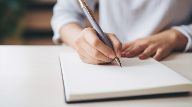 Woman hand holding a pen prepaire to write something on a notebook, close up, generative ai