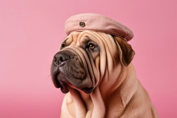 Lifestyle portrait photography of a cute chinese shar pei dog wearing a visor against a pastel pink background. With generative AI technology - obrazy, fototapety, plakaty