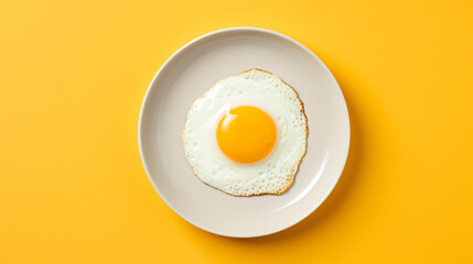 A fried egg on a plate on a yellow background