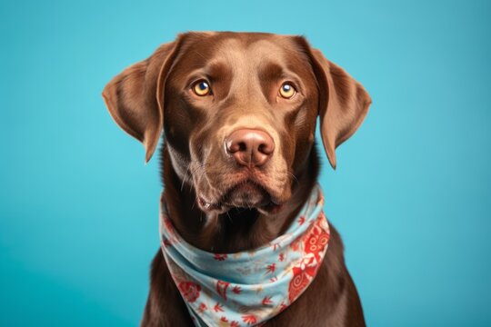Lifestyle portrait photography of a funny labrador retriever wearing a bandana against a turquoise blue background. With generative AI technology