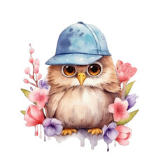 Obraz premium Watercolor owl illustration. Cute bird wearing hat. Owl with flowers