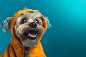 Lifestyle portrait photography of a happy lowchen dog wearing a halloween costume against a turquoise blue background. With generative AI technology