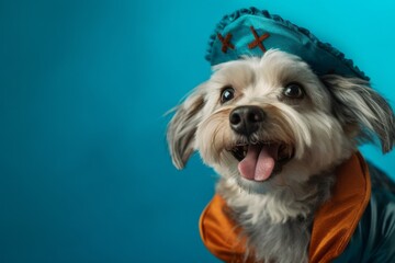 Lifestyle portrait photography of a happy lowchen dog wearing a halloween costume against a turquoise blue background. With generative AI technology