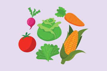 Healthy food concept. Vegetables, fruits and milk. Colored flat vector illustration isolated. 