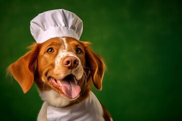 Headshot portrait photography of a smiling brittany dog wearing a chef hat against a green background. With generative AI technology - obrazy, fototapety, plakaty