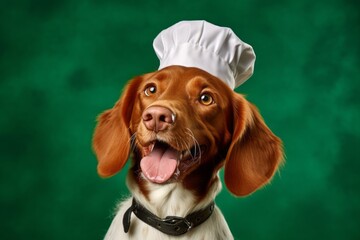 Headshot portrait photography of a smiling brittany dog wearing a chef hat against a green background. With generative AI technology - obrazy, fototapety, plakaty