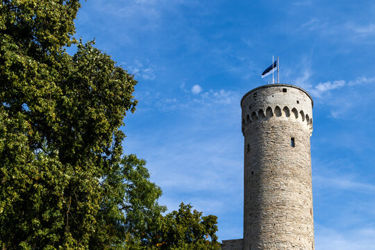 tower of the castle, a view of tall Hermann also known as pikk Hermann, part of Toompea castle located in the medieval old town of Tallinn, Estonia in the summer, September 2023
