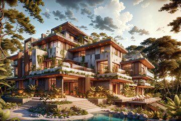 Luxury jungle villa with roof garden, glass villa with a sloping roof, modern House