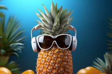 A quirky pineapple dons white headphones, grooving to music, framed by palm leaves