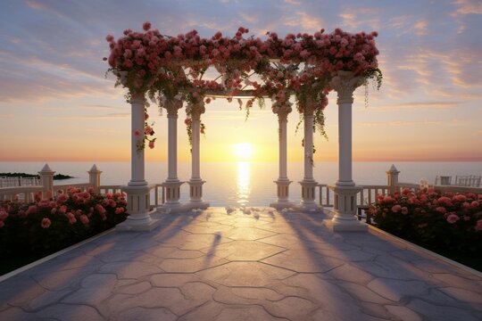 A stunning 3D rendered wedding pavilion with a romantic sea sunset backdrop