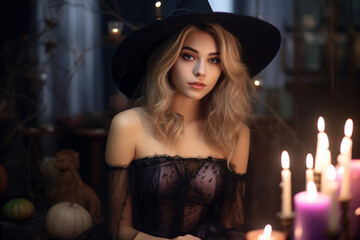 Fototapeta premium Young woman dressed in a witch costume, on Halloween.