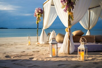 Fototapeta na wymiar Capture the essence of love white tent, candles, flowers by the sea�??a honeymoon setting