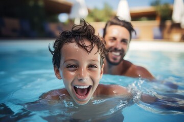Close up Happy father with young son swim in a pool of warm clear water on vacation. Satisfied child learns to swim with his mother in the pool