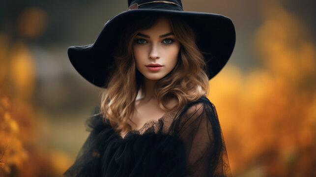 Young woman dressed in a witch costume, on Halloween.