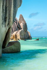 Granite rocks on the scenic tropical sandy Anse Source d'Argent beach, La Digue island, Seychelles