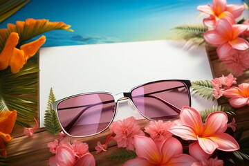 Create a tropical paradise Sunglasses, exotic flowers, and lush palm leaves