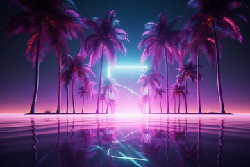 Fototapeta na wymiar Glowing neon vibes 3D rendering combines modern trends with tropical palm trees