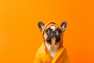 Lifestyle portrait photography of a funny french bulldog wearing a raincoat against a bright orange background. With generative AI technology