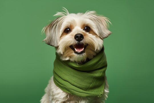Full-length portrait photography of a smiling lowchen dog wearing a warm scarf against a green background. With generative AI technology