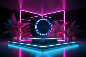 Minimalistic neon lit exhibition stand, a great design canvas for various purposes
