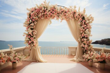 Obraz na płótnie Canvas Peachy coastal ceremony Flowered arch, sea backdrop, and vases of vibrant flowers