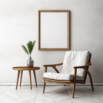 Mock-up picture frame in a minimalist living room modern white wall background Scandinavian style