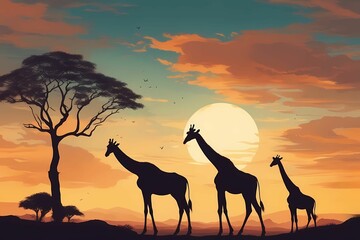Silhouette of giraffes at sunset