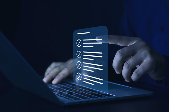 Businessman showing check mark summarizing job Compile lists, votes, and to-do lists. Checklists, task lists, and summaries description checklist Documents and online quality assessment standards