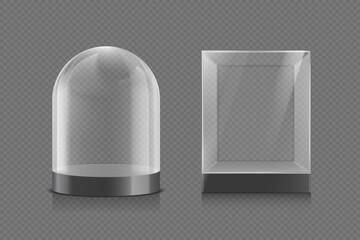 Empty glass case template. Glass dome mockup. Isolated on a transparent background. Vector illustration - obrazy, fototapety, plakaty