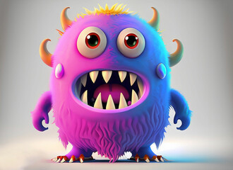 Cute blue furry monster 3D cartoon character cute furry monster green monster holding placard ...