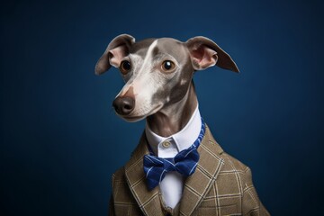 Lifestyle portrait photography of a bored italian greyhound dog wearing a dapper suit against a deep indigo background. With generative AI technology