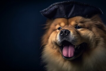 Medium shot portrait photography of a happy chow chow dog wearing a pirate hat against a deep indigo background. With generative AI technology
