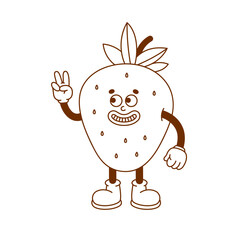 The hand-drawn strawberry retro character. Vector illustration in trendy retro cartoon style. Fruit, healthy food.