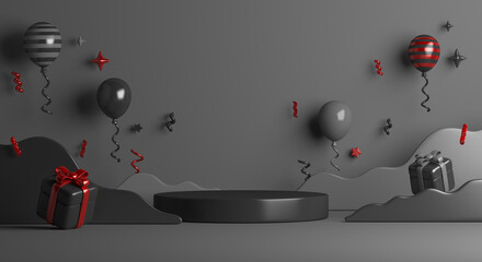 Black Friday sale display podium background with balloon, gift box, copy space text, 3D rendering illustration