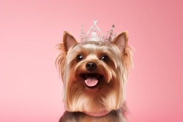 Lifestyle portrait photography of a smiling yorkshire terrier wearing a princess crown against a peachy pink background. With generative AI technology