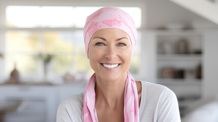 Mature woman fighting breast cancer with a pink scarf on her head.