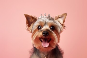 Naklejka premium Lifestyle portrait photography of a smiling yorkshire terrier wearing a princess crown against a peachy pink background. With generative AI technology