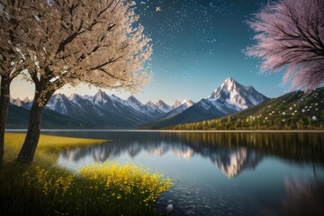 Beautiful awesome artistic tree in with falling flowers and mountain in the background, lake