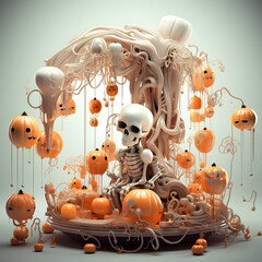 Pumpkins surround skeleton