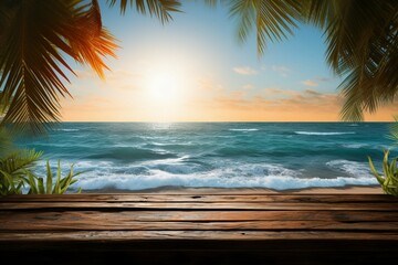 Tropical tabletop Seascape framed by palm leaves on a rustic wooden surface