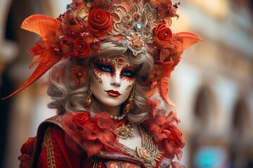 Photo of a woman wearing a colourful venetian mask adorned with jewels and flowers created with Generative AI technology